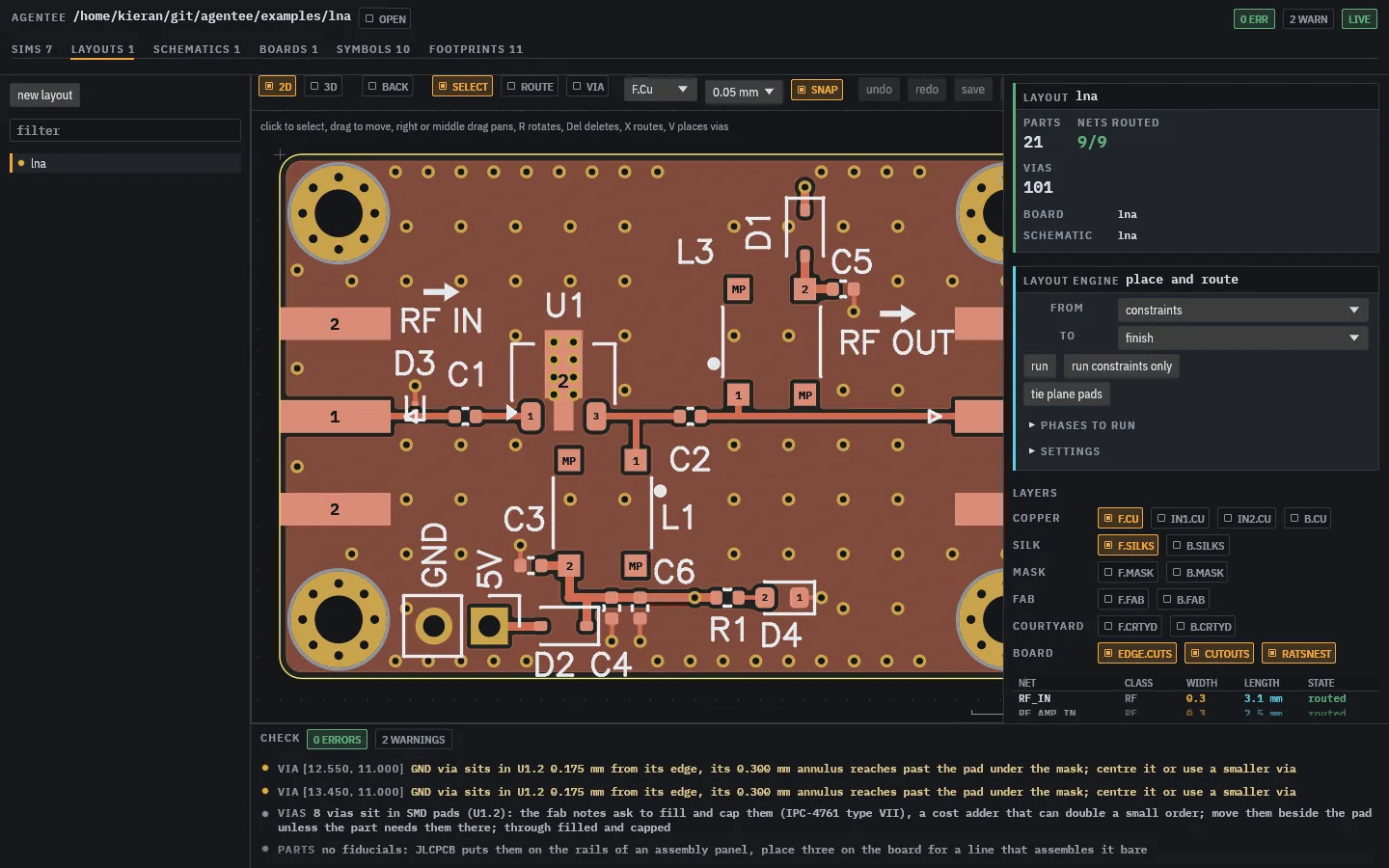 The agentee viewer showing the layout of a low noise amplifier board