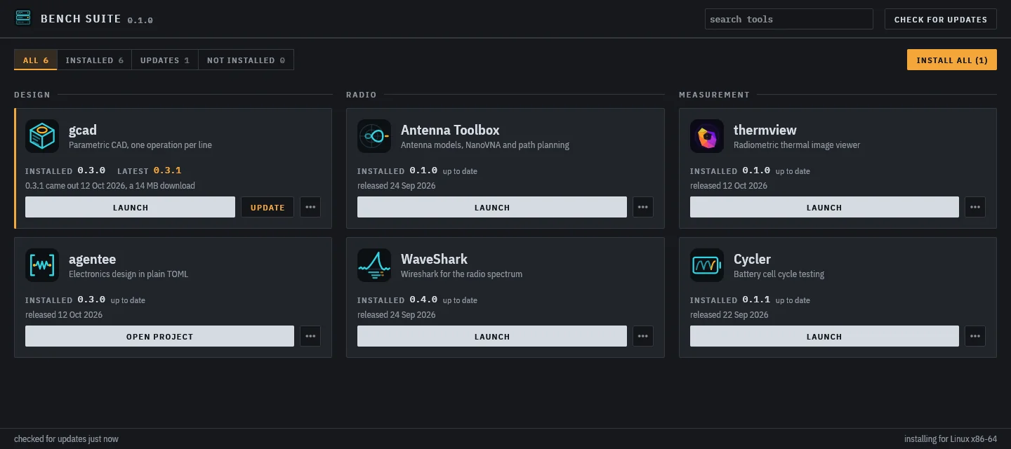 The Bench Suite window: six tools in three columns, each with its version and a launch button, and gcad offering an update