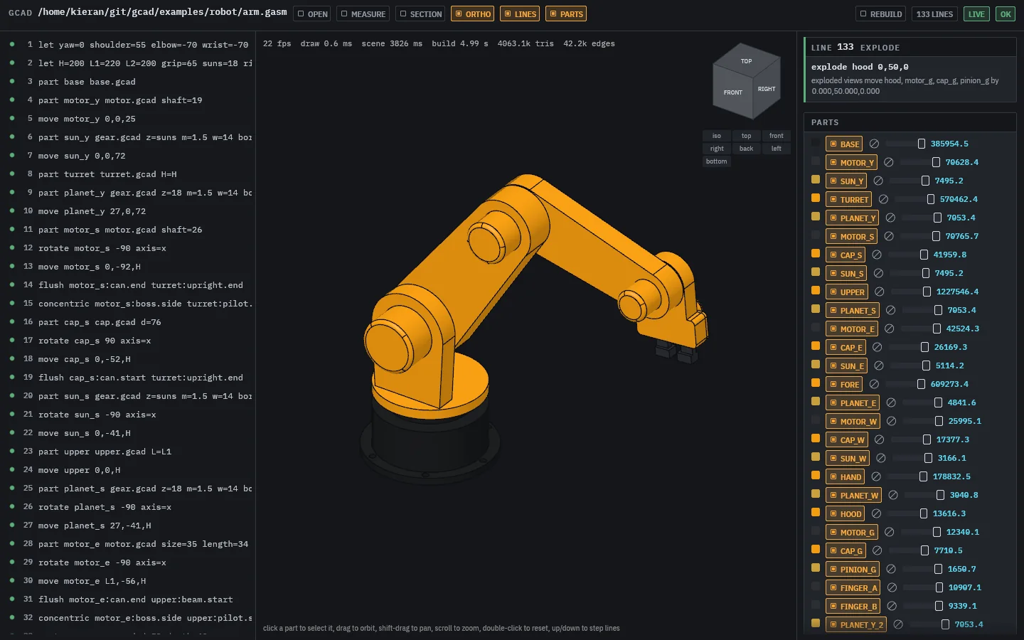 The gcad viewer showing a robot arm assembly beside its part file