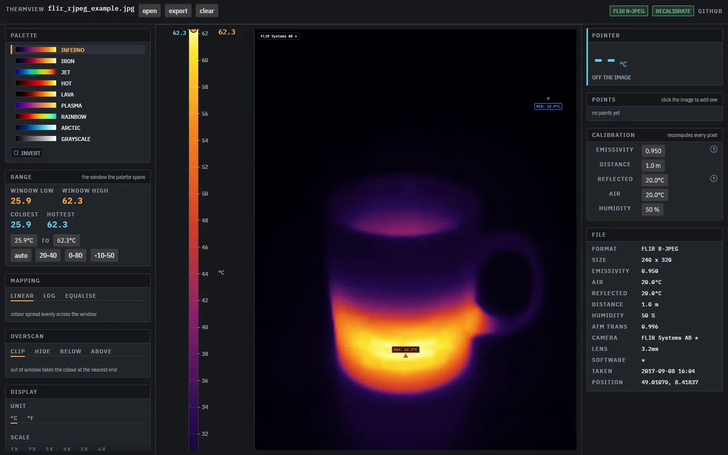 thermview showing a FLIR image of a mug of hot coffee with its colour scale