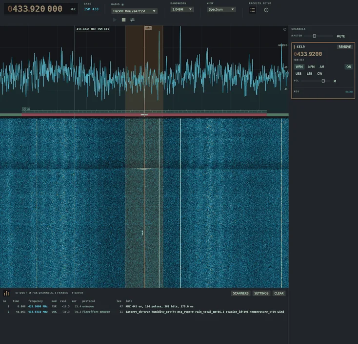 WaveShark decoding a weather station on 433.92 MHz